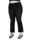 Front view of plus-size high-rise crop flare jeans in black denim with frayed hem.
