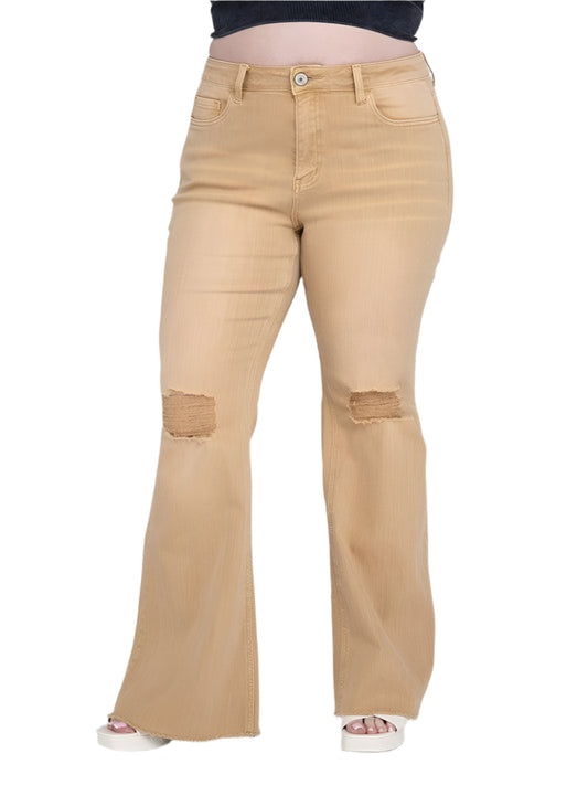 Plus-size high-rise flare jeans in tan color with distressed details.
