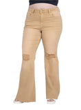 Plus-size high-rise flare jeans in tan color with distressed details.
