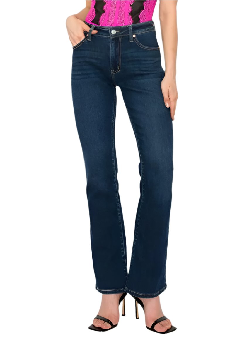 Plus size high-rise skinny bootcut jeans in dark wash denim.