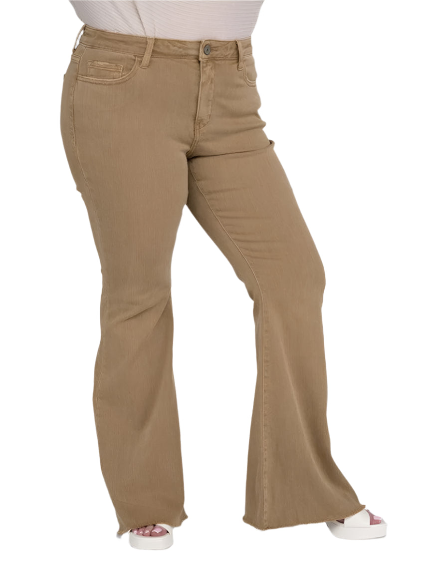 Front view of plus size high rise super flare jeans in color denim.
