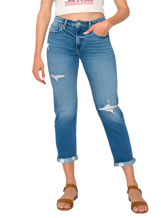 High-rise tapered leg jeans in plus size with light distressing and a relaxed fit.
