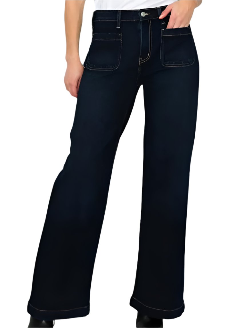 Front view of plus-size high-rise wide-leg jeans in dark wash.