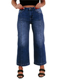 Front view of plus size high waist seamed wide-leg jeans in dark wash.
