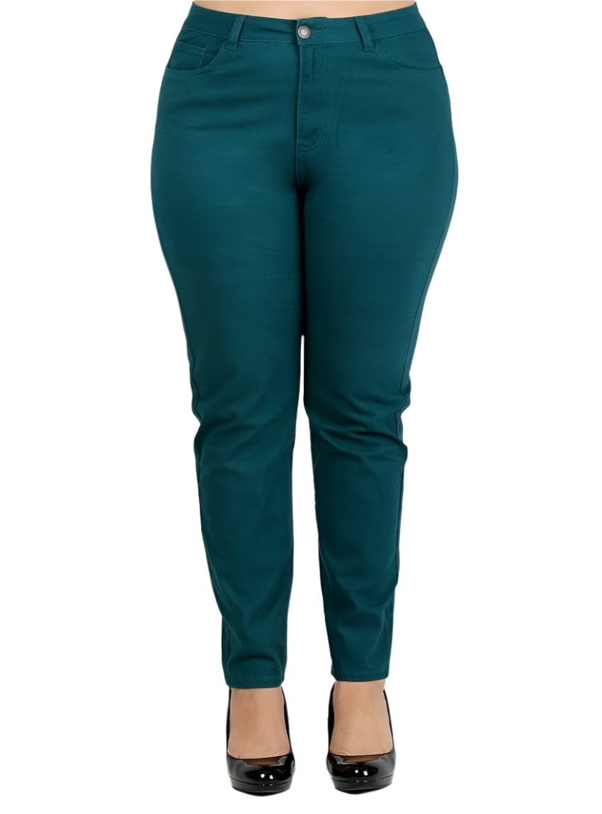 Front view of Plus Size High Waist Teal Stretch Jeans styled with black heels.
