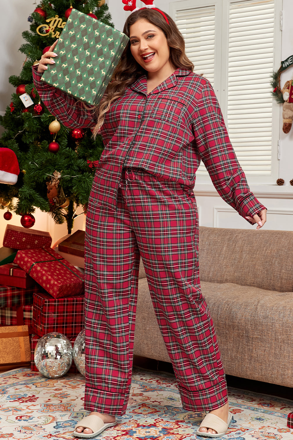 Cozy plus-size pajama set with a classic red plaid pattern, front view.
