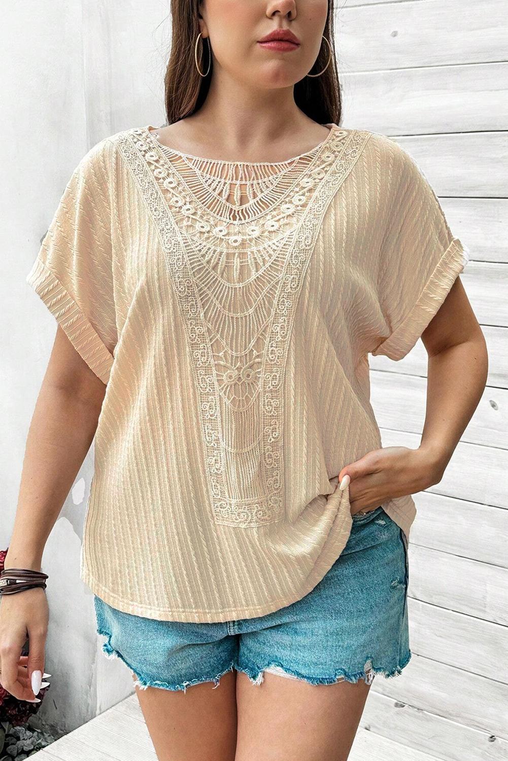 Plus Size Lace Crochet Patched Cable Textured Cuffed Top - Whimsical Clothing