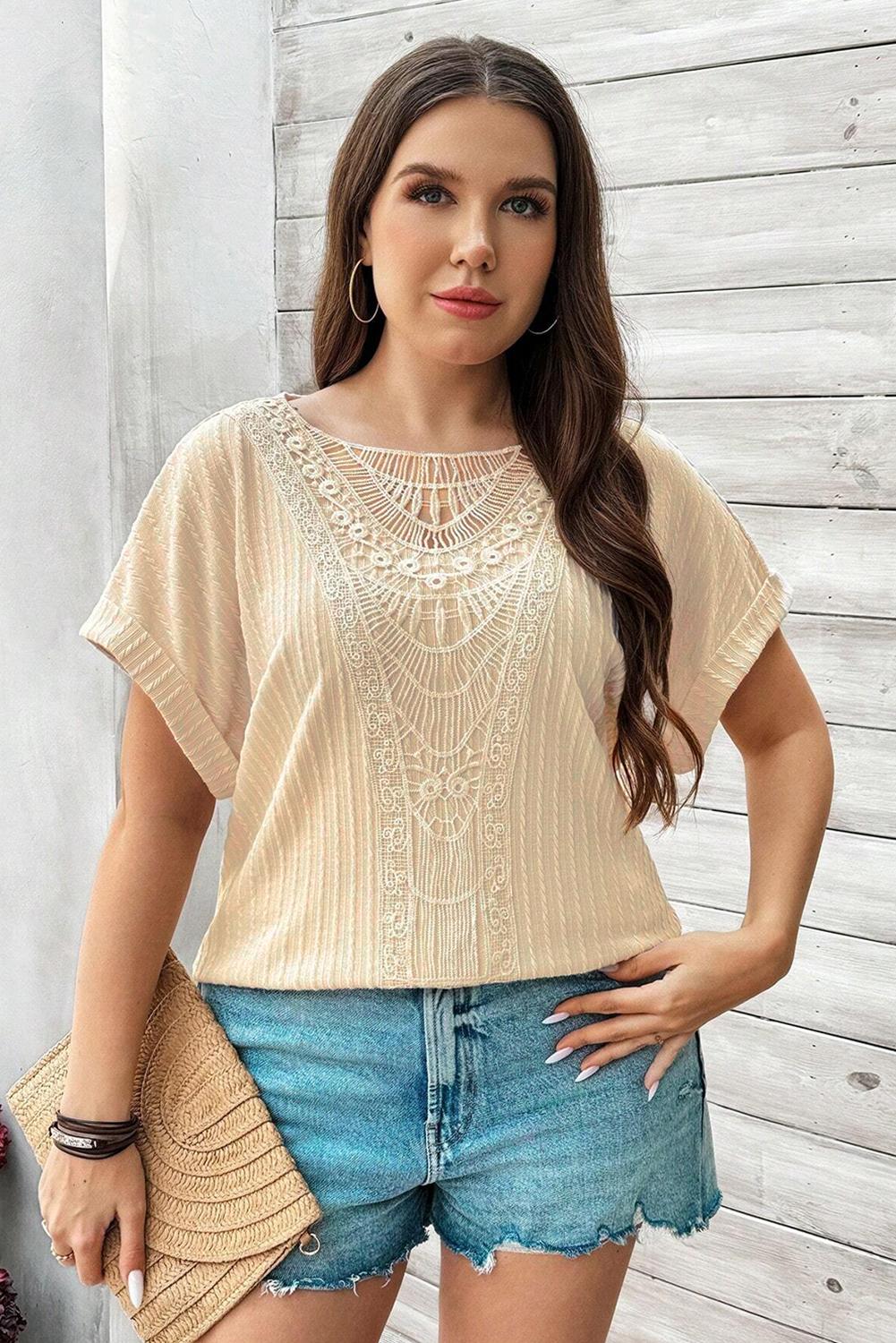 Plus Size Lace Crochet Patched Cable Textured Cuffed Top - Whimsical Clothing