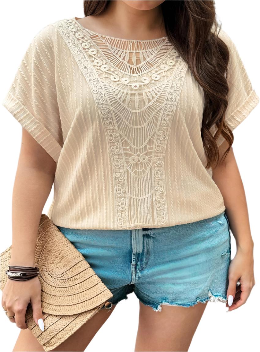 Plus Size Lace Crochet Patched Cable Textured Cuffed Top - Whimsical Clothing