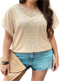 Plus Size Lace Crochet Patched Cable Textured Cuffed Top - Whimsical Clothing