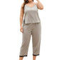 Plus-size sleep set in gray with lace trim, featuring a V-neck top and cropped pants.
