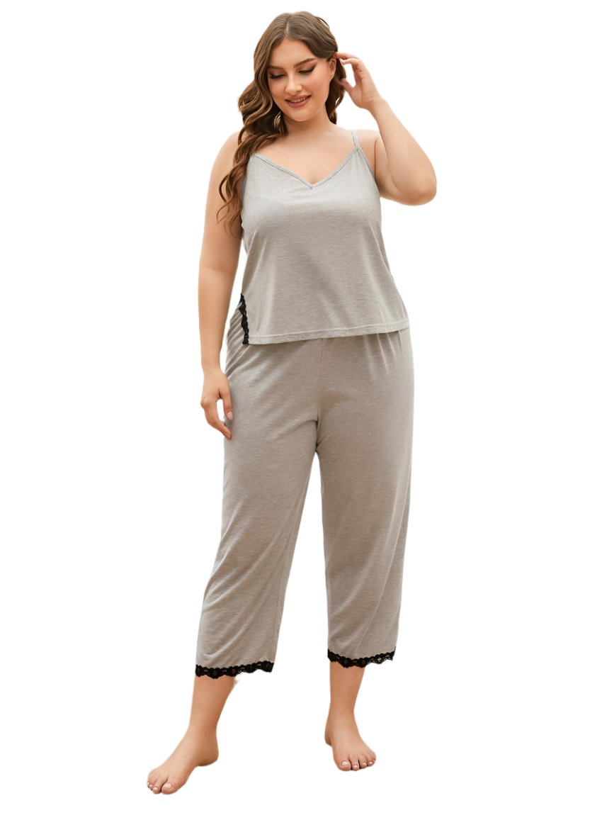 Plus-size sleep set in gray with lace trim, featuring a V-neck top and cropped pants.
