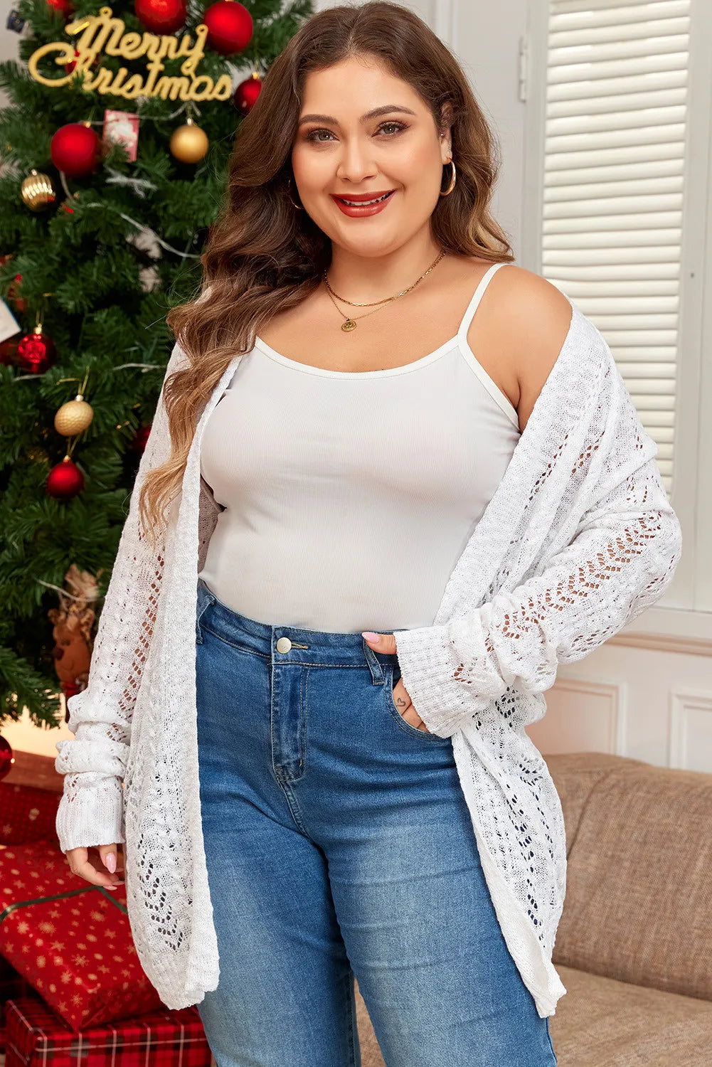 Longline open front white cardigan for plus size women, perfect for layering.
