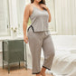 Gray plus-size pajama set with black lace accents, sleeveless top and cropped pants.
