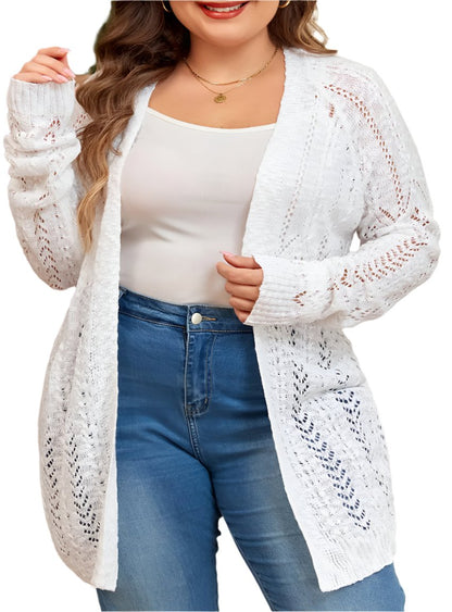 Plus size open knit cardigan in white with a longline design.
