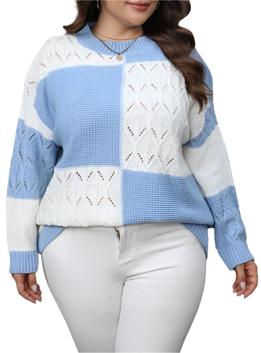 Close-up of soft knit blue and white plus size sweater with open-knit details