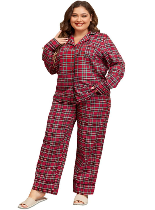 Plus-size red plaid pajama set with button-down shirt and drawstring pants, front view.
