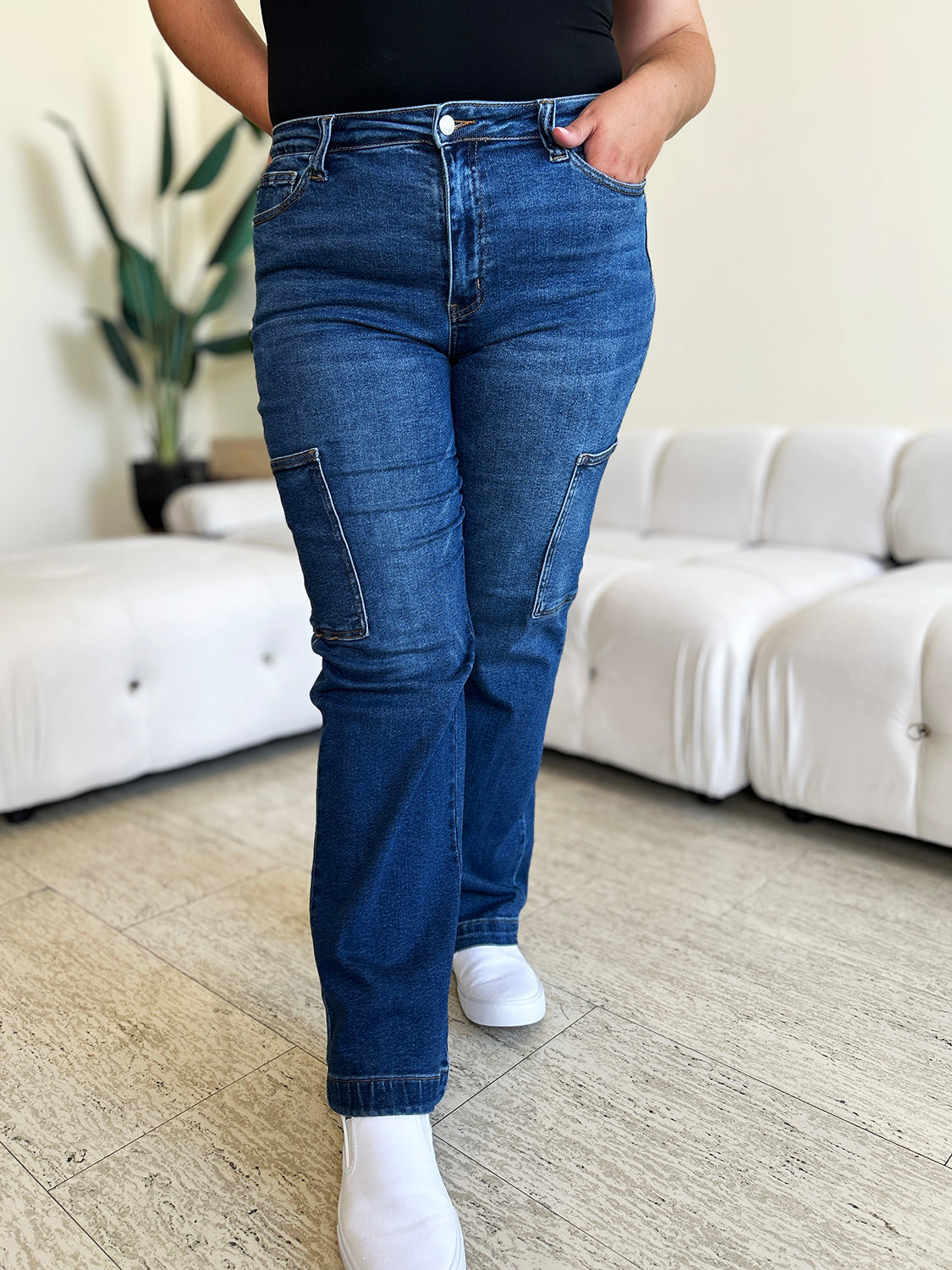 Judy Blue Cargo Pocket Jeans showcasing relaxed fit and cargo pockets, front view.