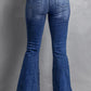 Women's plus size flare jeans with stitched details and high-rise fit.
