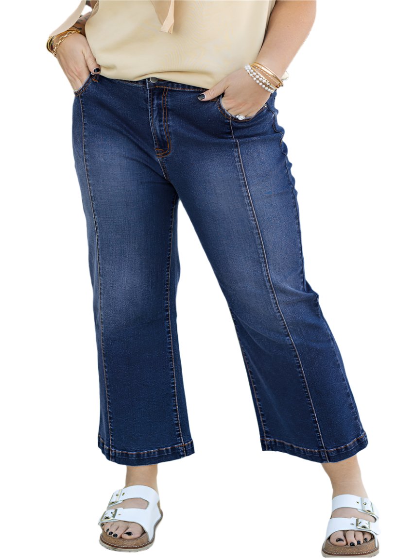 Plus size seamed wide leg high waist jeans
