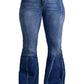 Front view of plus size stitching washed flare jeans with high waist.
