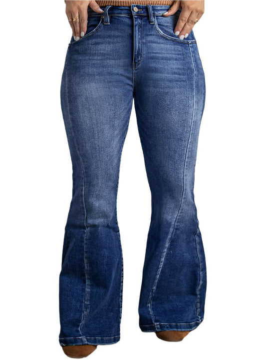 Front view of plus size stitching washed flare jeans with high waist.
