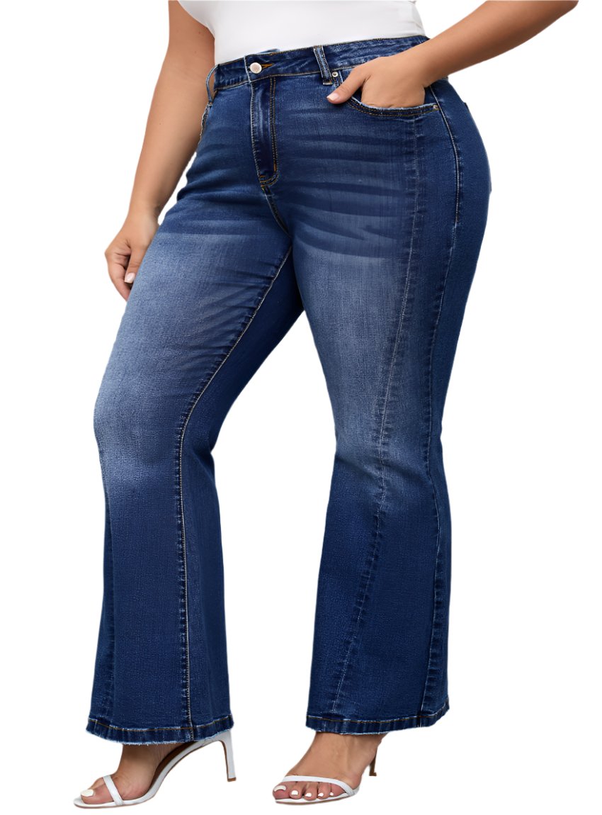 Casual plus size flare jeans with stitched details and retro style.
