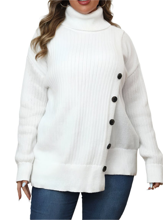 Woman wearing a white plus size turtleneck sweater with button details