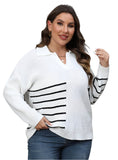 Plus-size woman in a white pullover sweater with black stripe details and a relaxed fit