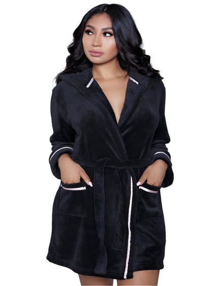 Front view of a black plush hooded robe with belted waist and satin piping for a cozy, elegant look.
