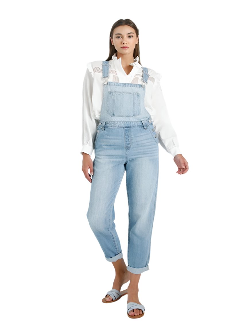 Front view of light wash pocket detail denim overalls
