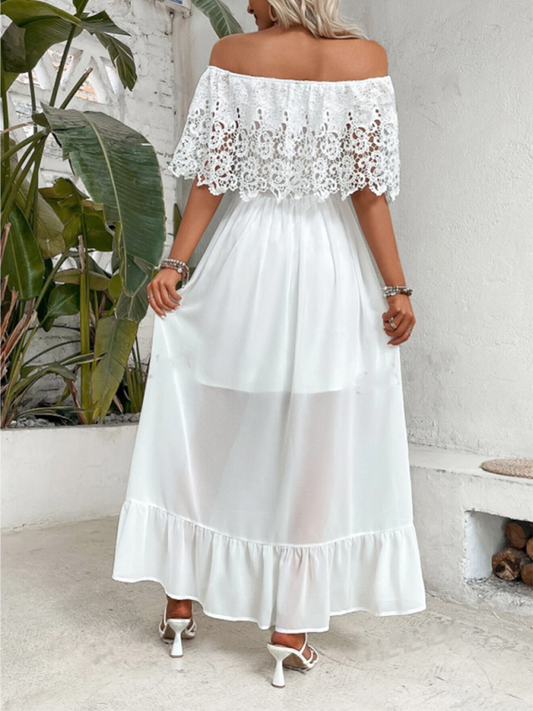 Ruffle Hem Lace Off Shoulder Whimsical White Dress - Appalachian Boutique