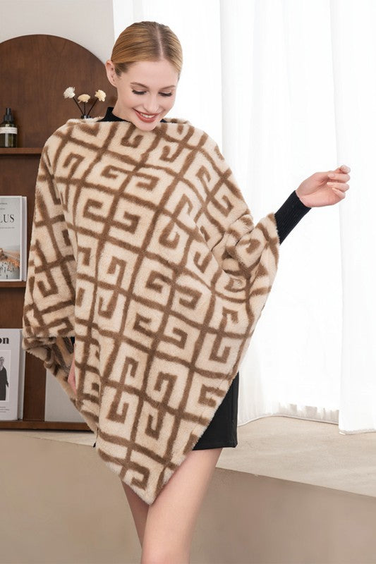 Geometric Patterned Faux Fur Poncho