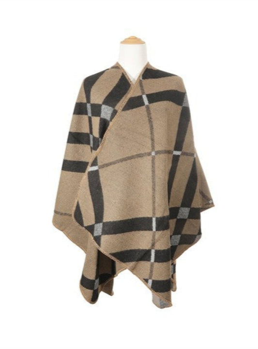 Cozy Plaid Striped Asymmetrical Poncho