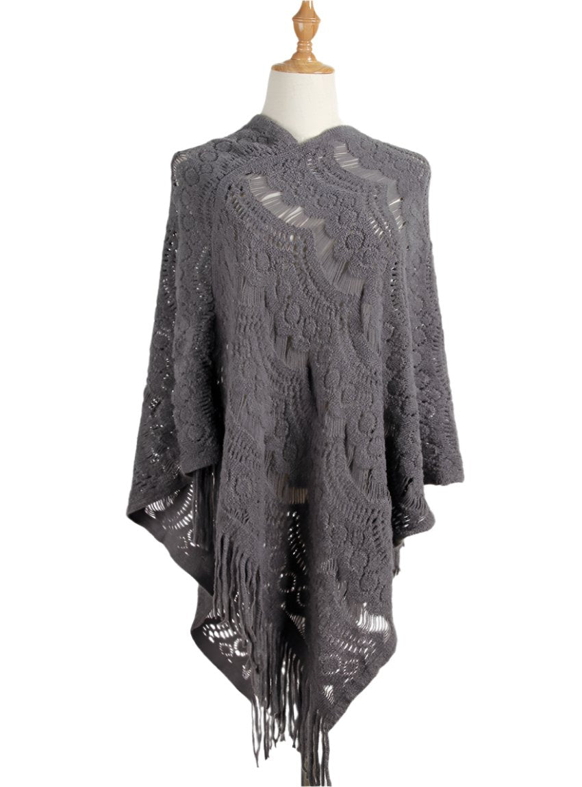 Fringe Openwork Surplice Cape Sleeve Poncho