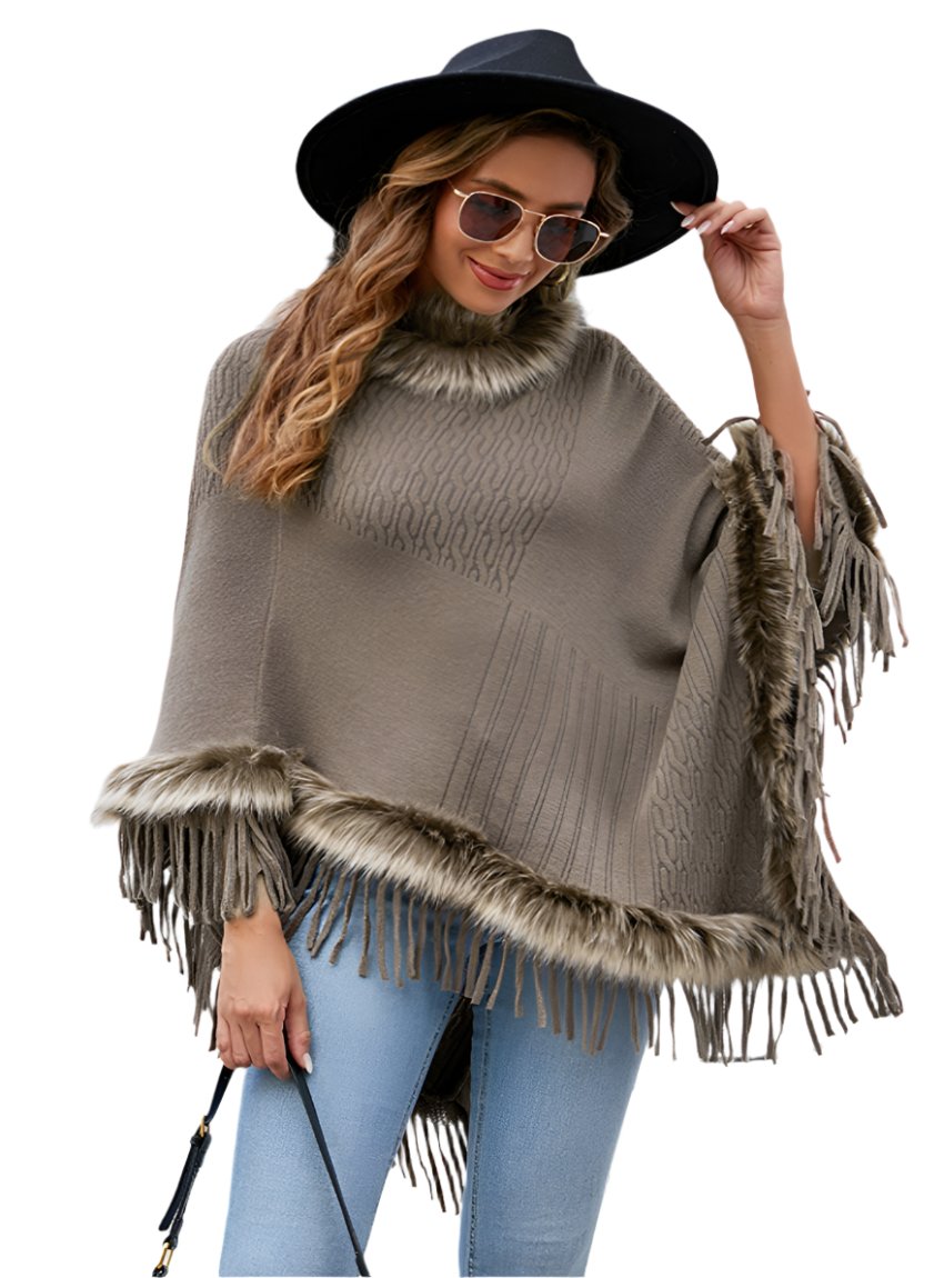 Faux Fur Trim Fringed Poncho