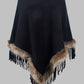 Faux Fur Trim Fringed Poncho