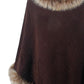 Faux Fur Trim Fringed Poncho