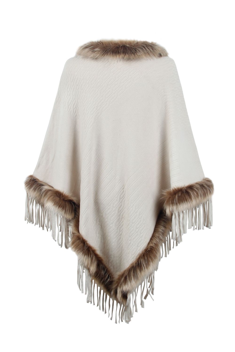 Faux Fur Trim Fringed Poncho