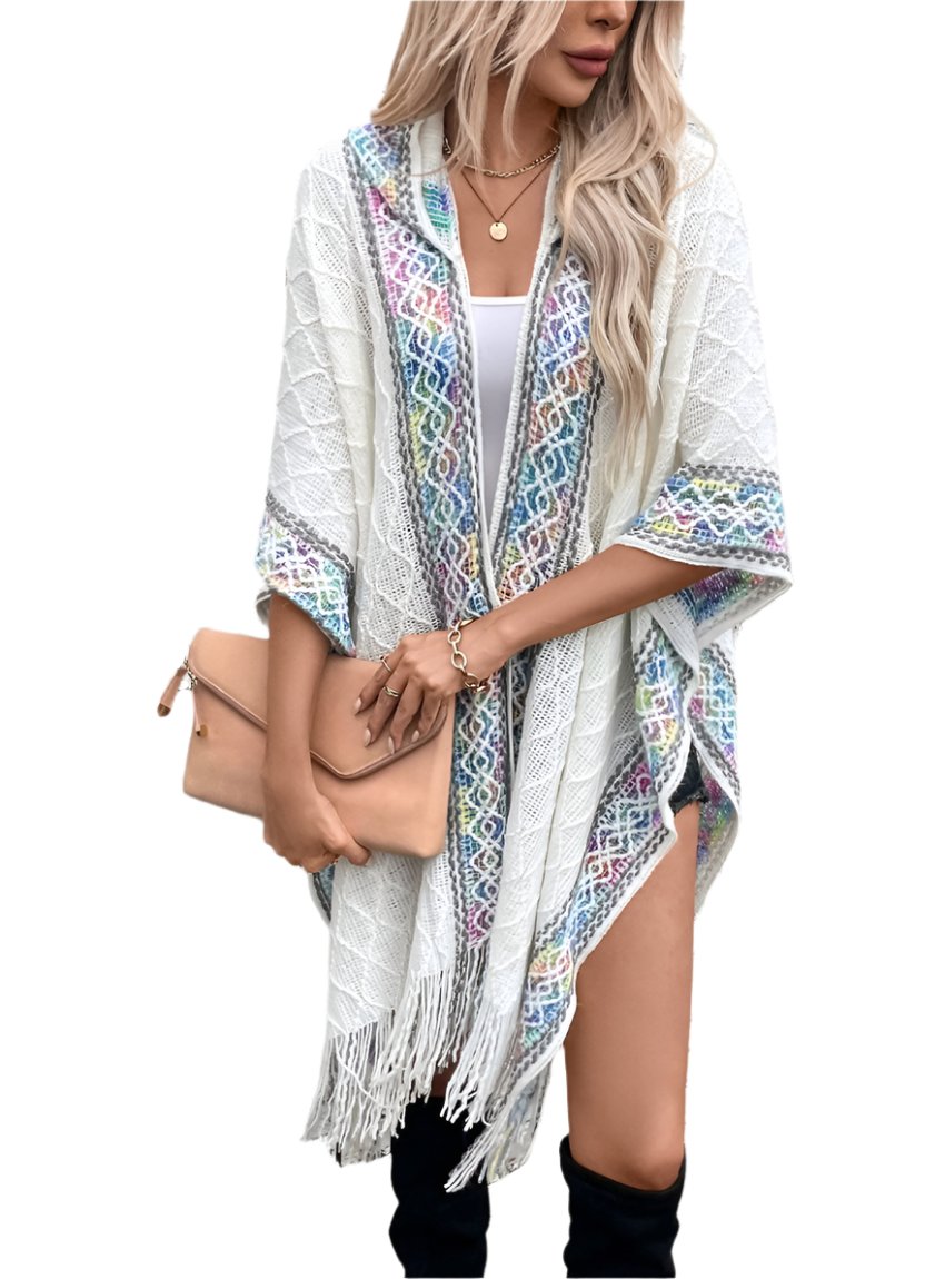 Fringe Half Sleeve Hooded Poncho