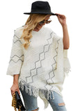 Pearl Trim V-Neck Fringe Hem Poncho