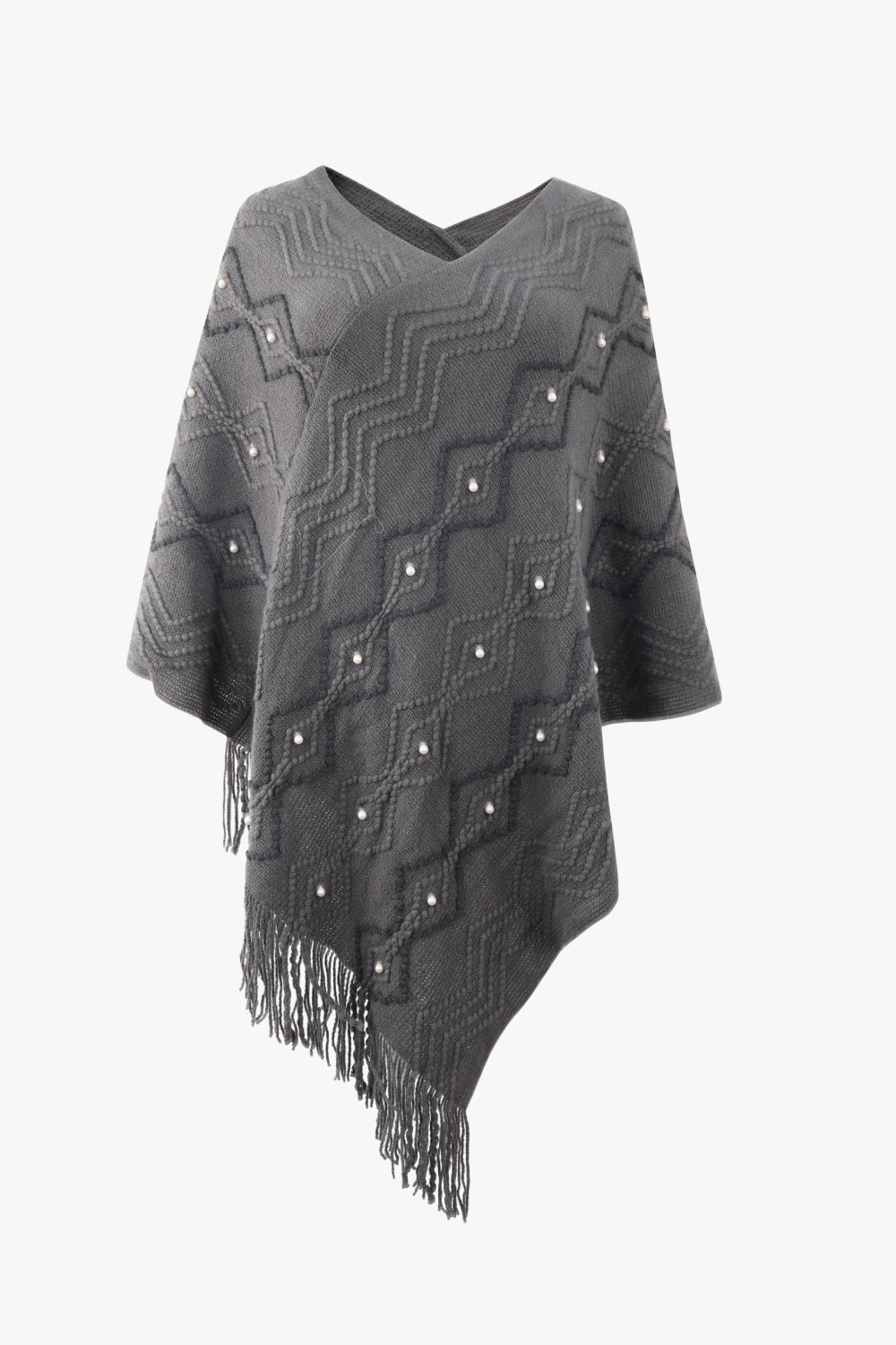 Pearl Trim V-Neck Fringe Hem Poncho