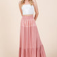 Flowing boho maxi skirt with pull-on waistband and lace.
