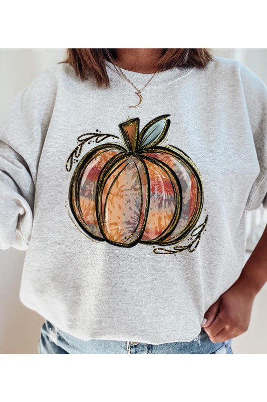 Light gray pumpkin graphic sweatshirt with boho pumpkin design
