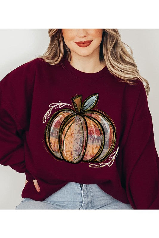 Maroon pumpkin graphic sweatshirt with a playful fall design
