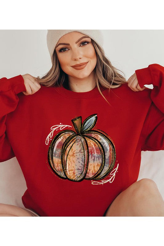 Red pumpkin graphic sweatshirt perfect for fall
