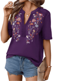 Floral Notched V-Neck Embroidered Woven Blouse | Boho Aesthetic | Appalachian Clothing