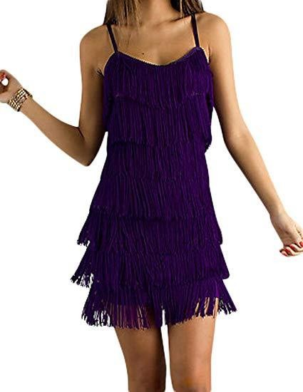 Front view of a purple fringe mini dress with adjustable straps, designed for fun movement.
