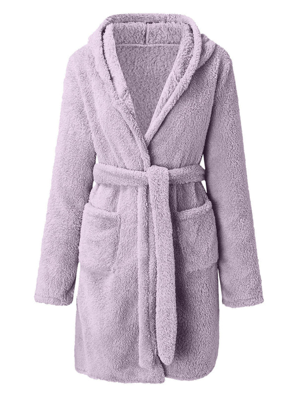 Purple hooded robe with a plush, soft texture for ultimate warmth.
