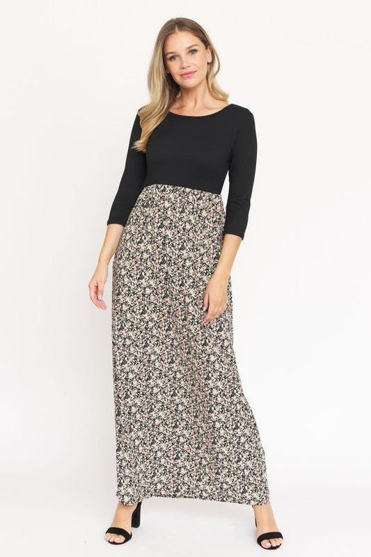 Black floral quarter sleeve maxi dress
